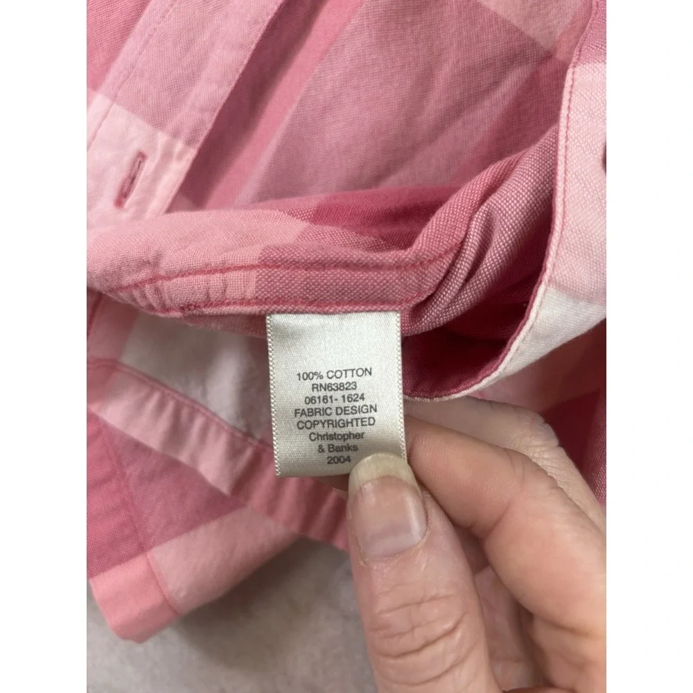 Christopher & Banks Large Pink Plaid Button Front Shirt Sz L 3/4 Sleeve Layer